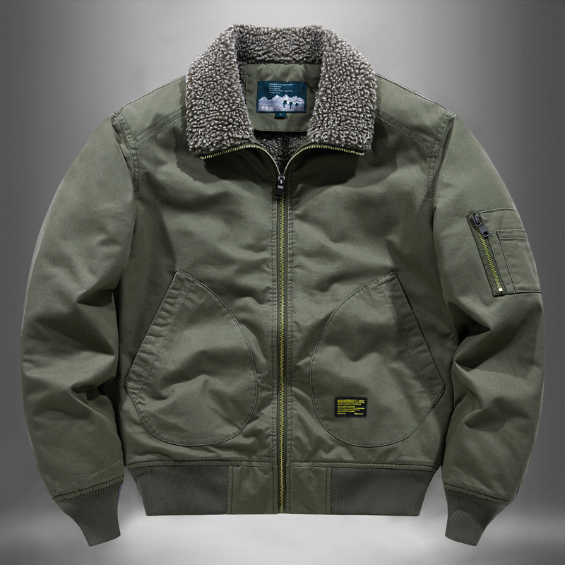 Winter Cotton-Padded Jacket for Men, Fleece-Lined and Thickened Workwear, Large Size Cold-Proof Cotton Coat with Lamb Fleece Collar, Warm Flight Jacket