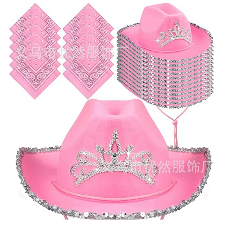 Cowboy Hat Pink Crown, non-woven with silver trim & rhinestone crown, fringed brim