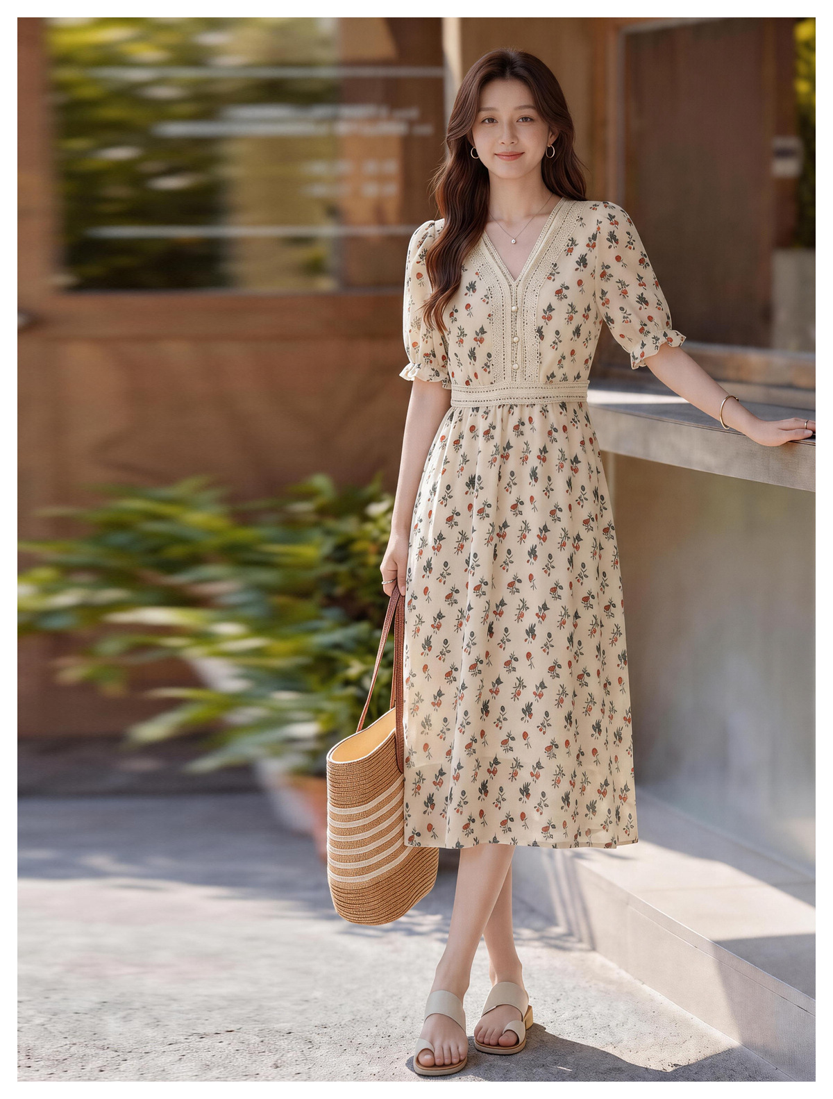 Đầm maxi nữ thắt eo tay ngắn cổ V in họa tiết dáng dài — màu be, màu trắng chi tiết 27