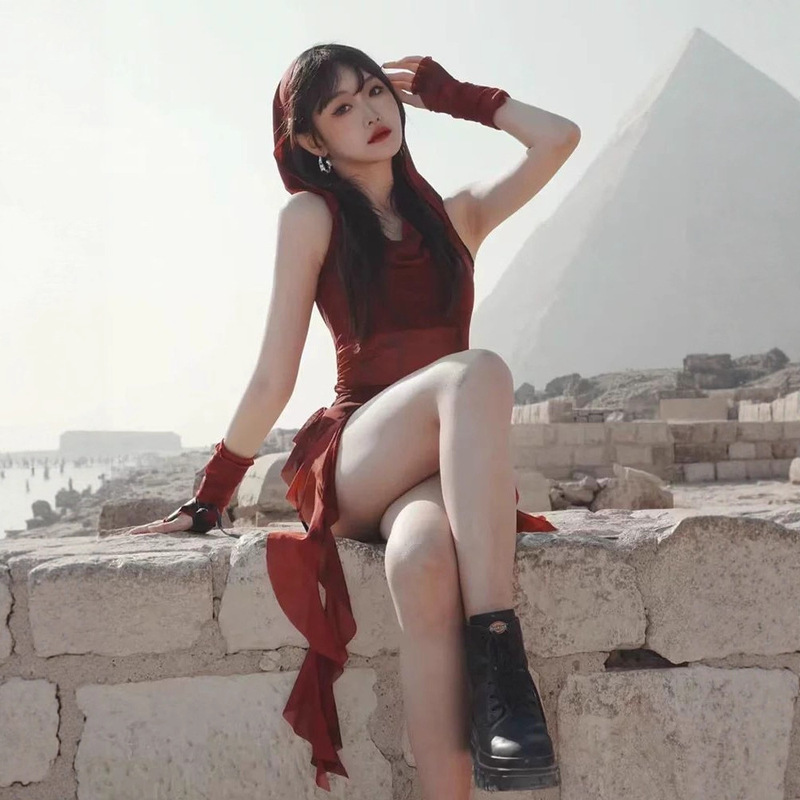 Hot Girl's New Jazz Dance Red Hooded Leader Set Wasteland Lotus Leaf Asymmetrical Female Group Bottoming Slimming Look Top for Women