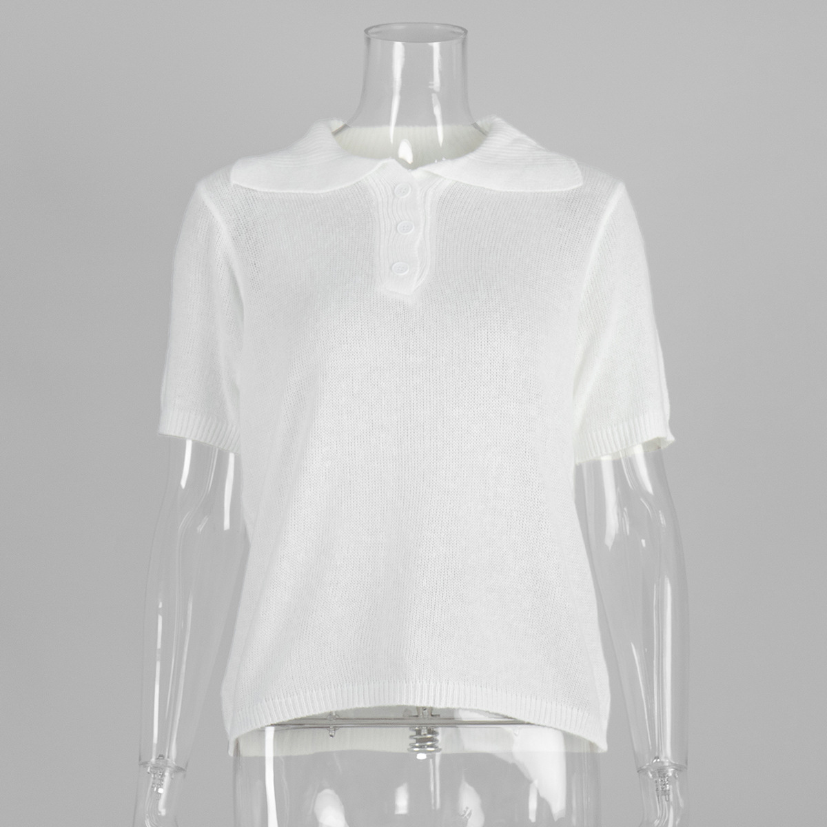 Suéter de manga corta de punto hueco Polo transfronterizo 2025 primavera y verano nueva camiseta de manga abullonada suéter de punto simple mujer