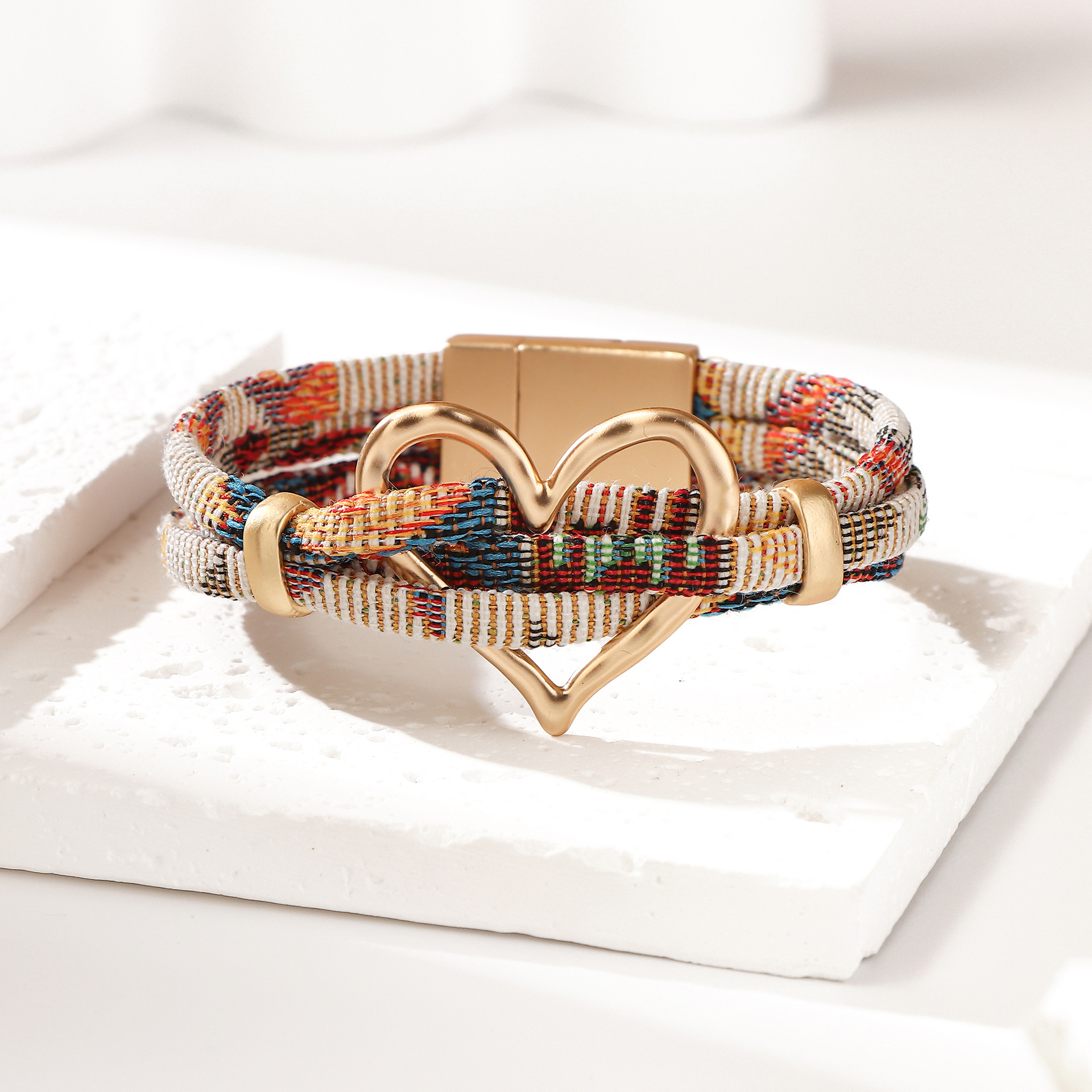 Cross-Border New Bohemian Style Love Women's Bracelet Multi-Layer Cotton Thread with Hollow Magnetic Buckle Bracelet Ready for Sale