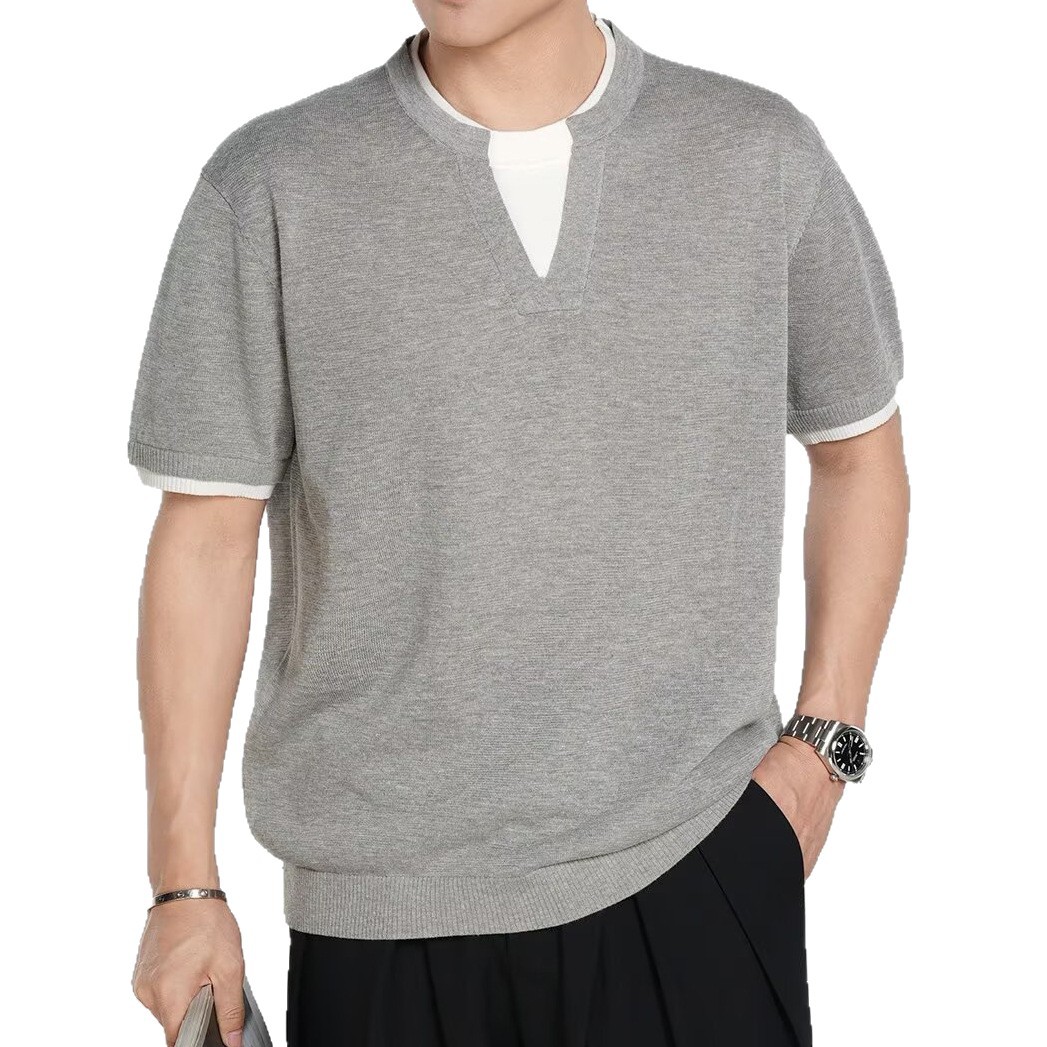 Falsa camiseta de manga corta de dos piezas hombre cuello V cuello redondo viejo viento de negocios camiseta de hielo delgada verano fábrica transfronteriza al por mayor