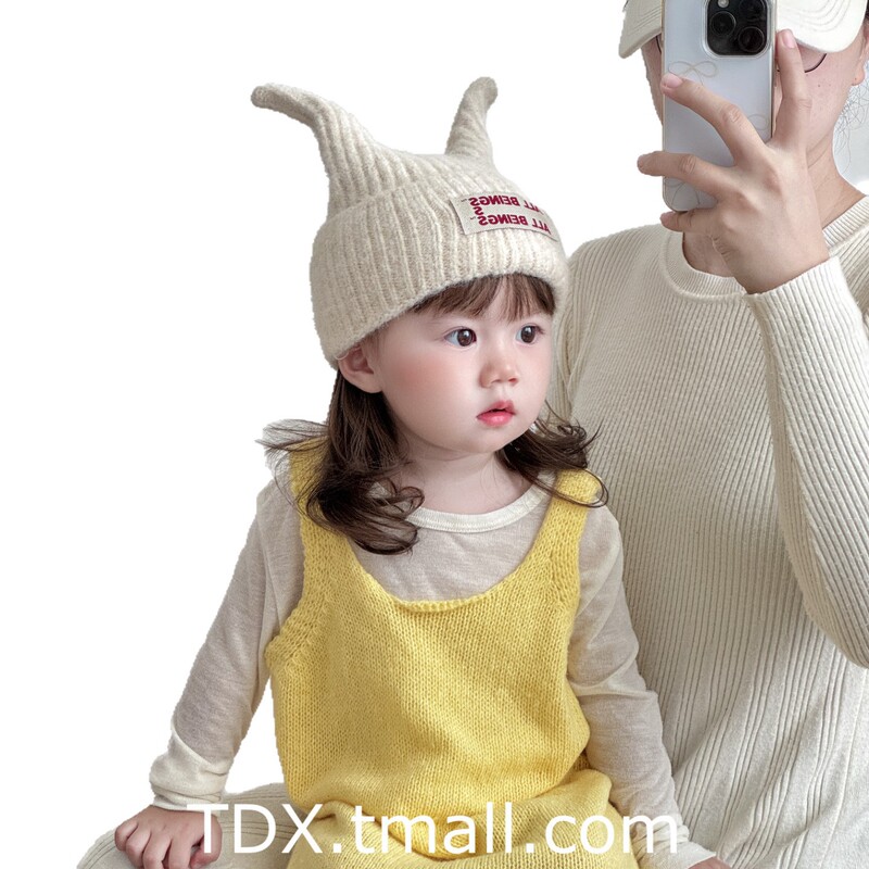 儿童毛线帽秋冬季加厚超萌字母牛角宝宝保暖套头帽婴儿防风护耳帽|undefined