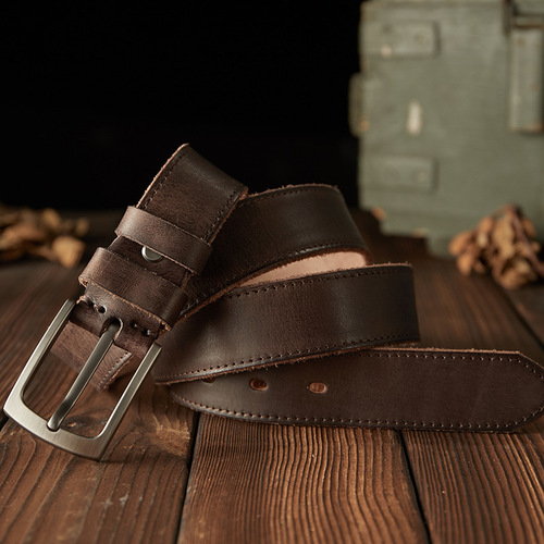 Handmade leather belt for men, retro thick pure leather needle buckle men's work pants, old genuine leather pants belt, versatile 