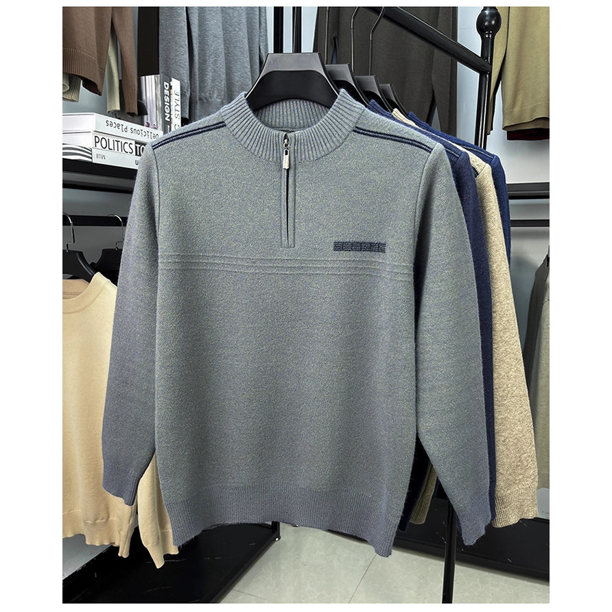 Otoño y invierno nuevo hombre medio cuello cremallera camiseta de punto de moda casual calentamiento suéter de manga larga camiseta de punto