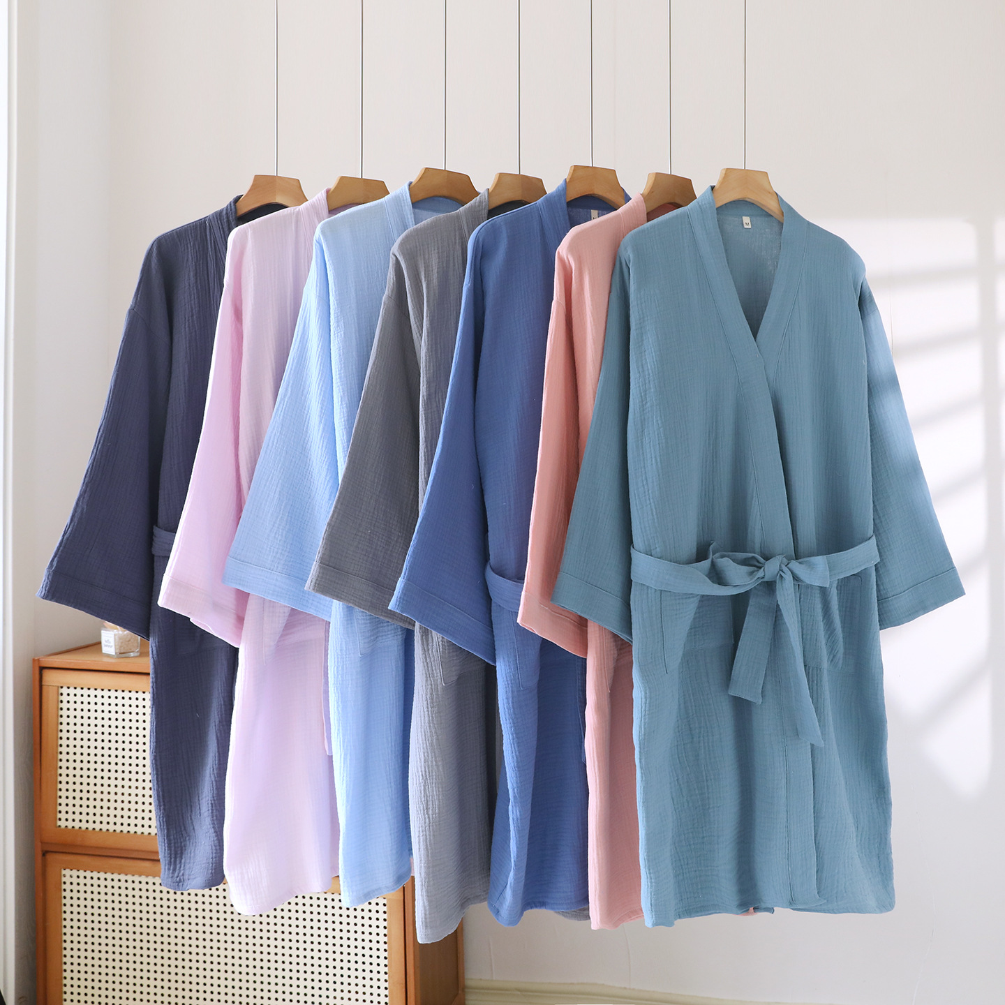 男女情侣双层纱布和服宽松大码带口袋浴袍睡袍日式和服汗蒸服家