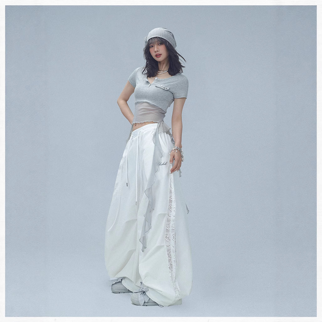 American Street Dance Trendy Brand Summer Quick-Dry Scimitar Pants Women Lace Splicing Jazz Sports Long Pants Hip-Hop Wide-Leg Pants