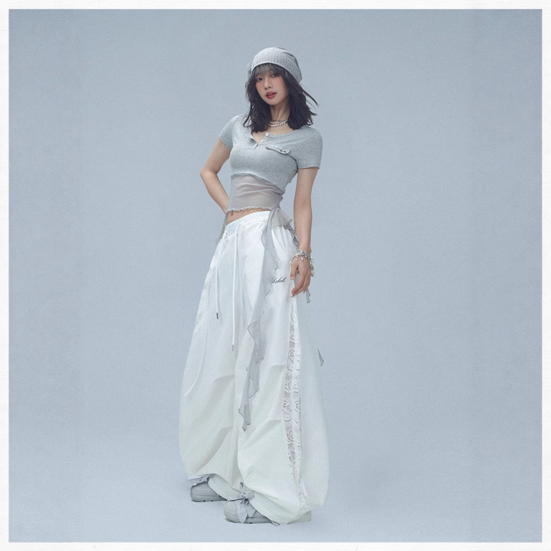 American Street Dance Trendy Brand Summer Quick-Dry Scimitar Pants Women Lace Splicing Jazz Sports Long Pants Hip-Hop Wide-Leg Pants