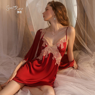 Guiruo Brand Pajamas Cardigan Lace Stitching Satin Sling Nightgown Nightgown Bathrobe Women's Home Clothes Set 1091