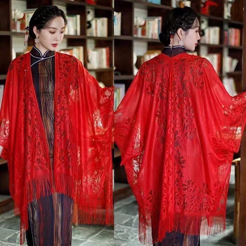 Huakai Zhixia Chaxian borla chal de encaje con cheongsam exterior 2025 nueva camisa de protección solar de rebeca fina de todo fósforo