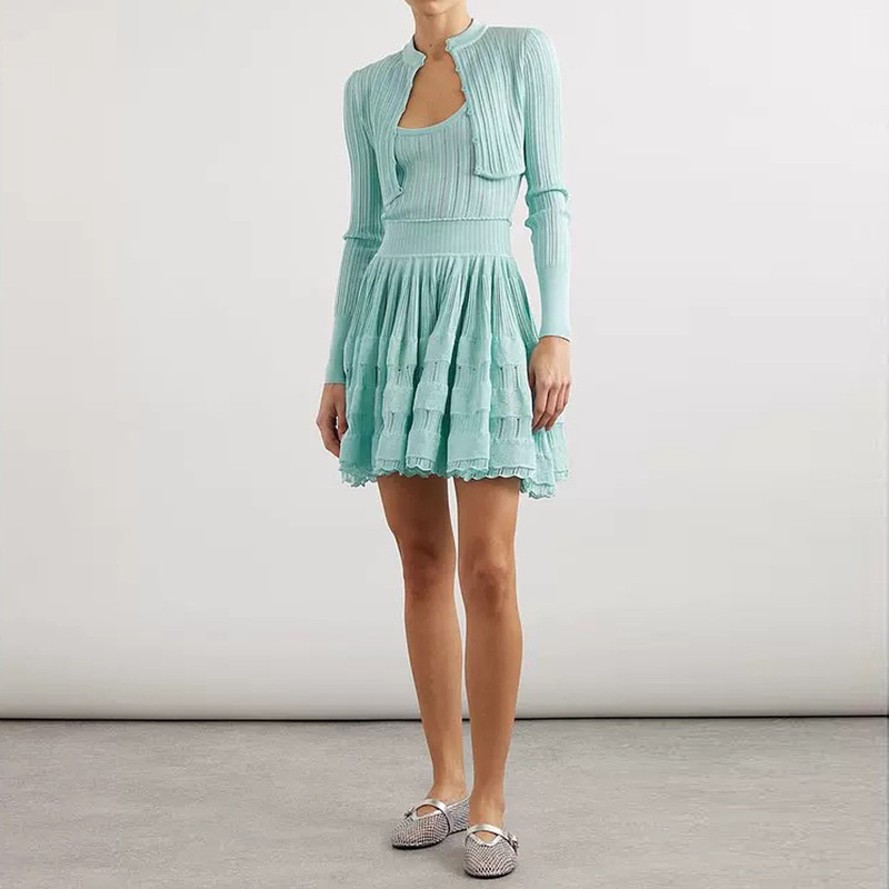 2518 In-Stock Summer New Style Sleeveless Camisole Dress + Short High-Quality Knitted Cardigan Top