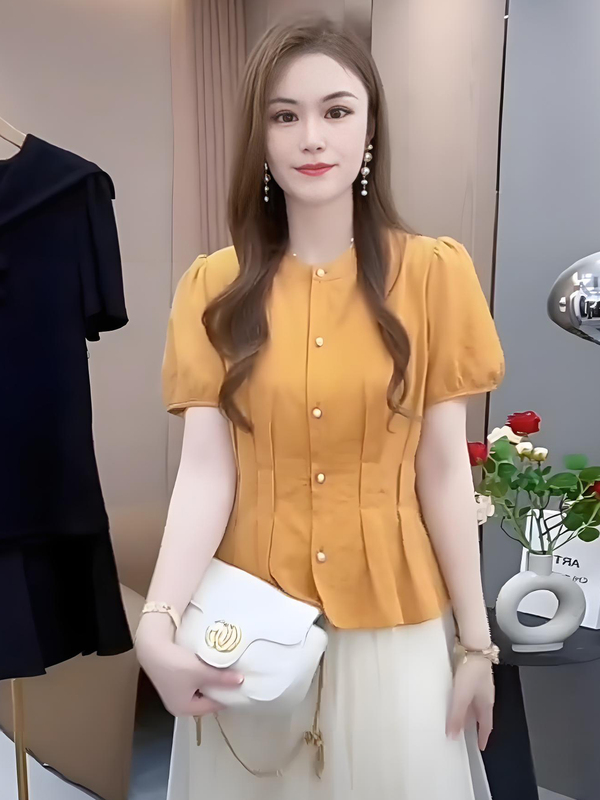 小个子百搭短袖衬衫女洋气通勤小衫夏装新款褶皱收腰上衣休闲衬衣|undefined
