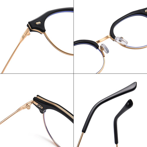 Trendy TR-frame glasses, vintage metal small frame, anti-blue light plain lenses, with millet-nail decorations—can be customized to fit myopia glasses frames.