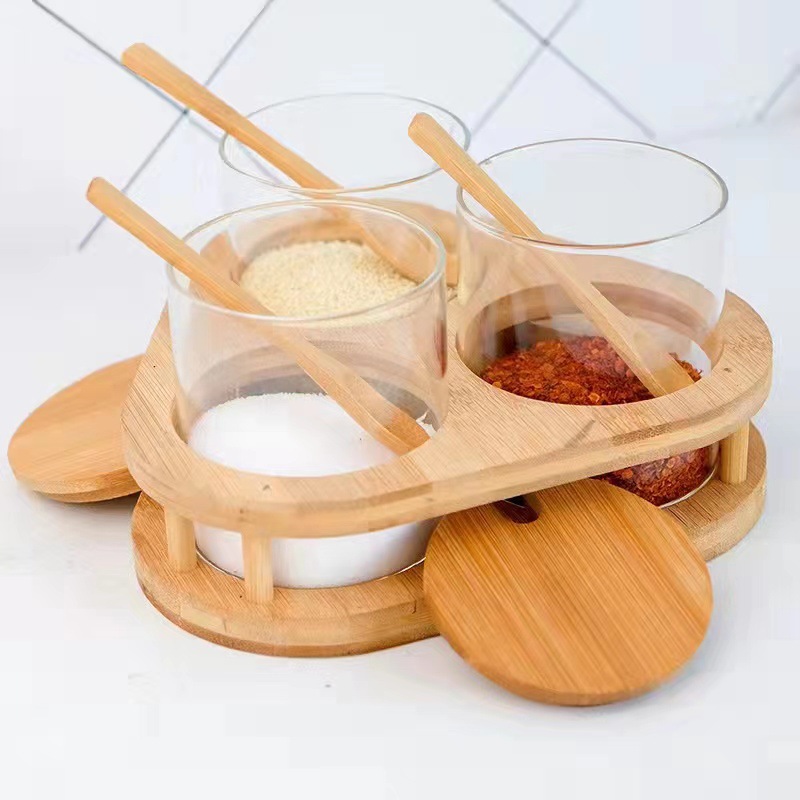 Vidrio borosilicato condimento caja combinación traje con tapa cuchara hogar cocina condimento tarro condimento caja cocina tarro