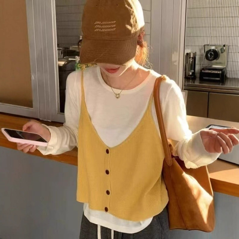 韩系穿搭两件套吊带拼接长袖针织衫女秋季设计感宽松叠穿上衣薄款|undefined