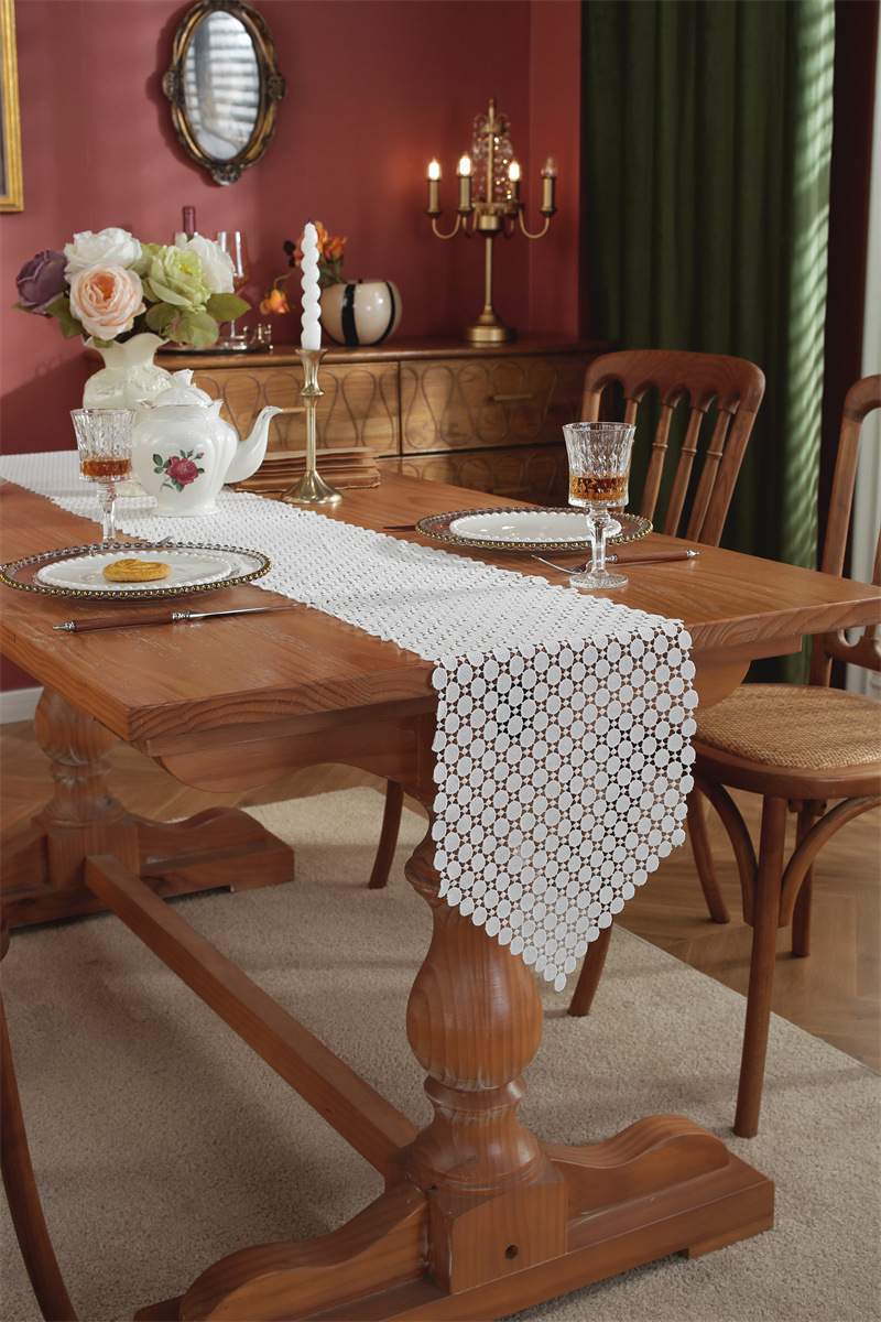 Rustic Romantic White Hollow Floral Lace Table Runner Decor_voghion.com
