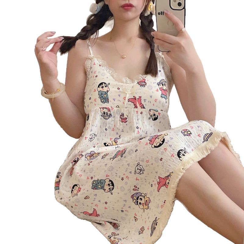 Japonés Crayon Shin-chan con almohadilla para el pecho, camisón, verano femenino, dulce servicio a domicilio, pijama de hilo de algodón de nube, se puede usar afuera
