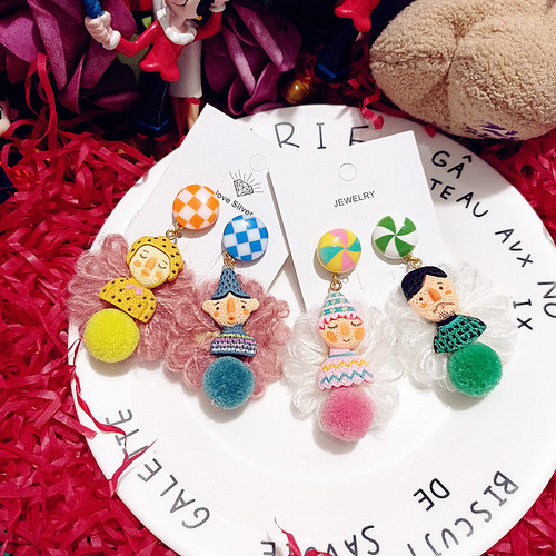 Autumn/Winter Ins Indian Doll Ethnic Style Funny Plush Flower Silver Ear Drops for Men and Women 925 Silver Earrings