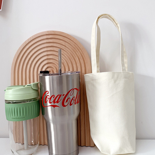 Diagonal canvas water cup bag, hand-held glass thermos cup cover, protective cover, simple handheld small bag