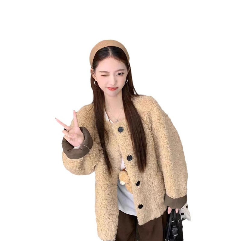 温柔风保暖羊羔毛外套女装冬季韩系慵懒风宽松休闲黑色毛绒绒上衣|undefined