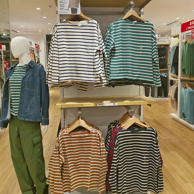 Japanese Style~Striped T-Shirt French Long-Sleeve Boat Neck Loose Slit Design Fashionable Casual New Women's Wear Sy460297