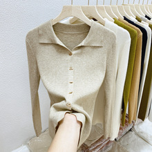 polo领长袖针织开衫女秋冬装新款纯色翻领毛衣外套打底衫上衣