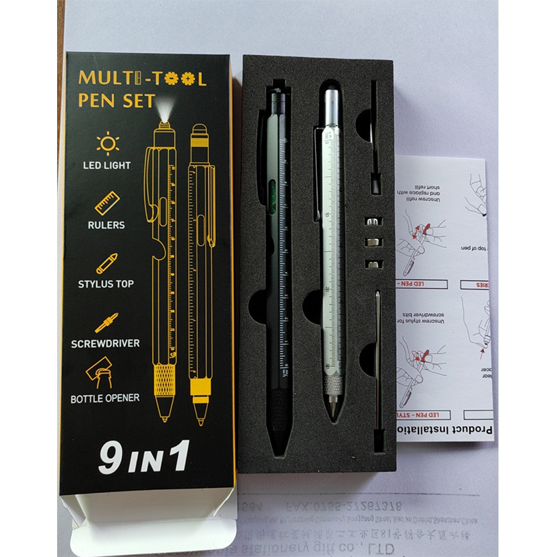 9合1笔开瓶器套装带LED灯笔多功能笔工具6合1金属圆珠笔礼品盒装|undefined