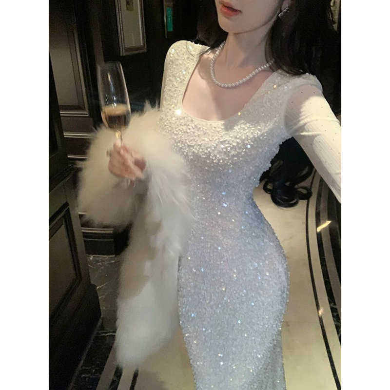 French-Style Elegant Sequin and Rhinestone Long-Sleeve Dress for Slightly Plump Women, Spring and Autumn Season, Waist-Cinching, Slimming Long Gown for Socialites French-Style Elegant Sequin and Rhinestone Long-Sleeve Dress for Slightly Plump Women, Spring and Autumn Season, Waist-Cinching, Slimming Long Gown for Socialites
