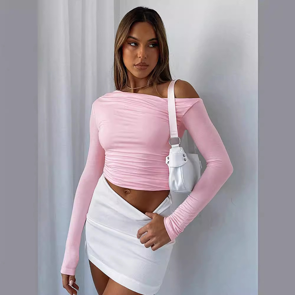 Transfronterizo Amazon europeo y americano de las mujeres de hombro asimétrico de color sólido ombligo superior de manga larga Sexy Slim temperamento camiseta image 3