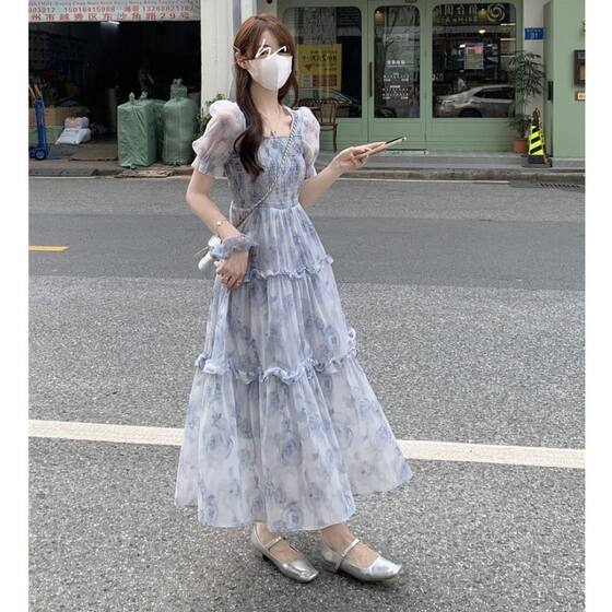 Improved, please look at the real French tea break bubble sleeve floral dress women's summer sweet temperament before placing an order