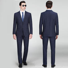 高端商务休闲中老年羊毛西装两件套中开叉格子结婚礼服男西服套装