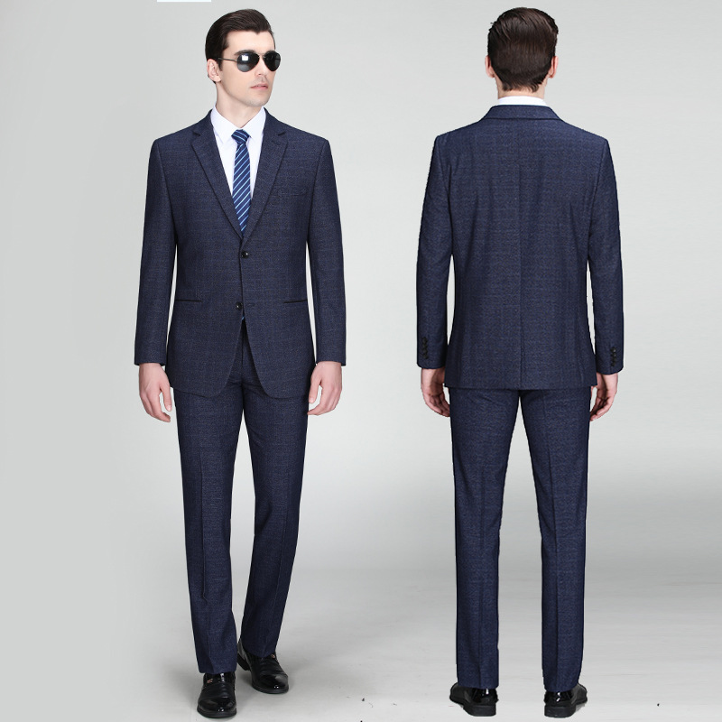 高端商务休闲中老年羊毛西装两件套中开叉格子结婚礼服男西服套装