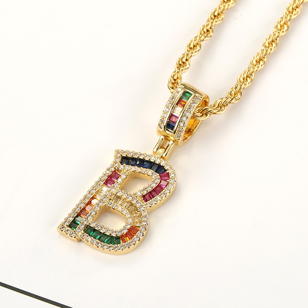 Hip Hop Color Zircon 26 English Letter Copper Necklace