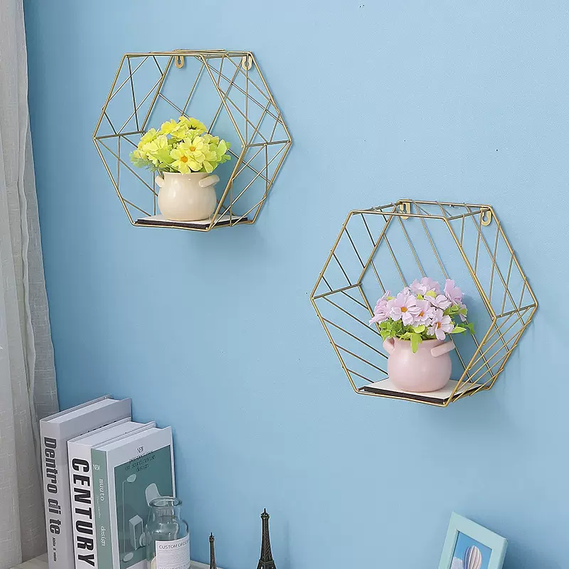 北欧房间装饰品六边形铁艺网格厨房客厅ins置物架墙上壁挂件挂壁