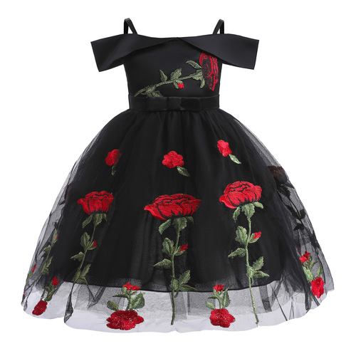 Cross-border little girl dress 2024 Western and European children's dress little girl off-shoulder princess dress children's rose embroidered net dress
