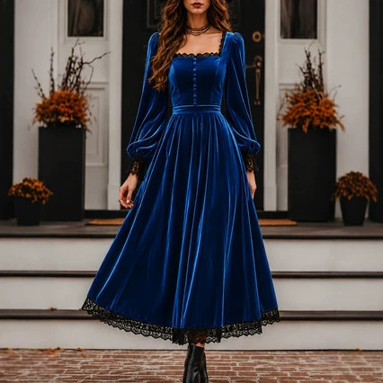 (Annuo's Own Research and Development) 2026 European and American Women's Square-Neck Lace Splicing Velvet Dress, New Autumn and Winter Evening Gown (Annuo's Own Research and Development) 2026 European and American Women's Square-Neck Lace Splicing Velvet Dress, New Autumn and Winter Evening Gown