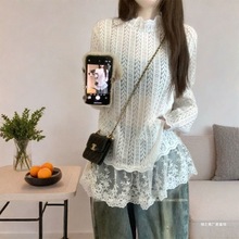 设计感小众白色半高领蕾丝衫女装秋季洋气减龄宽松中长款内搭上衣