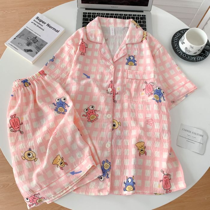 Venta al por mayor transfronteriza en vivo estilo caliente verano nube pijamas de algodón mujeres de manga corta casual de dibujos animados traje de servicio a domicilio para estudiantes