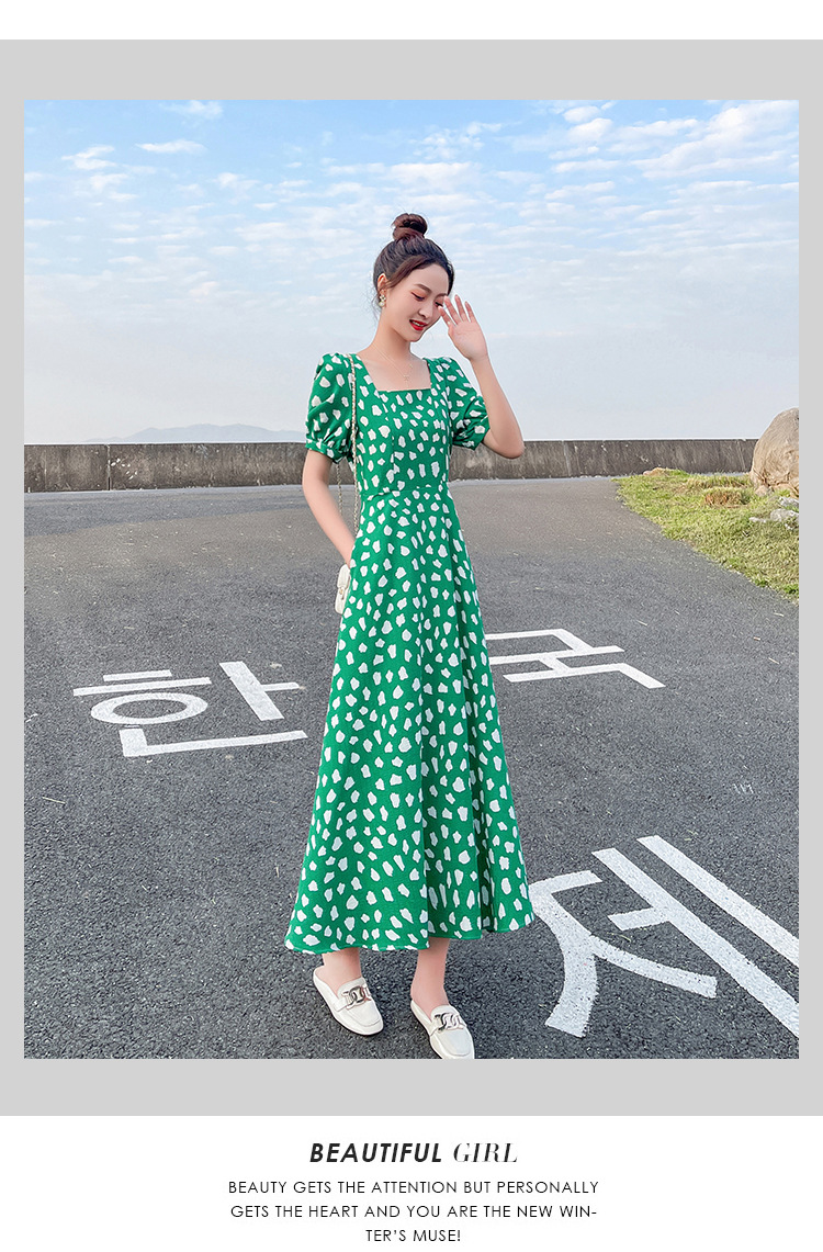 Sexy Short-sleeved Korean Hepburn-style Elegant Dress, A-line Chiffon, Pure And Alluring, Plus-size, Green Floral_ecoleips.com