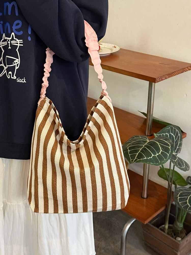Striped Ruffle Strap Zip Closure Canvas Shoulder Bag 25