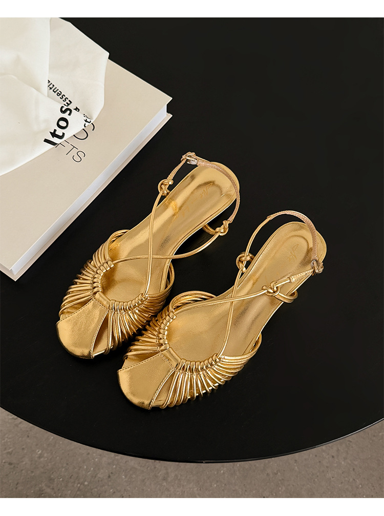 Sandal nữ quai mảnh buộc chéo gót trung bình phong cách Hàn Quốc — màu nâu chi tiết 26