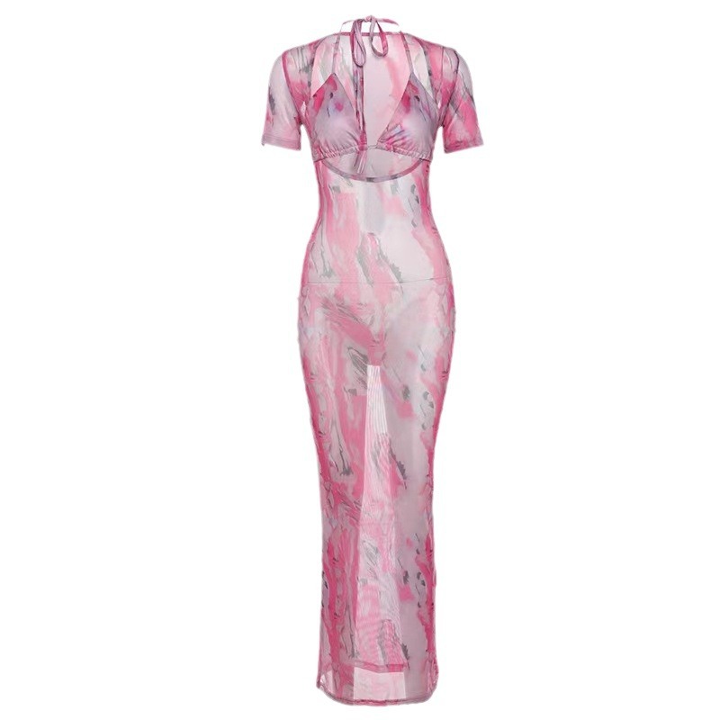 Transfronterizo nuevo estilo europeo y americano ins 2023 verano manga corta sexy hueco de corte bajo moda vaina vestido de impresión image 6