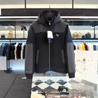跨境P家羽绒服重工高克重针织撞色拼接连帽鹅绒羽绒服外套全压胶