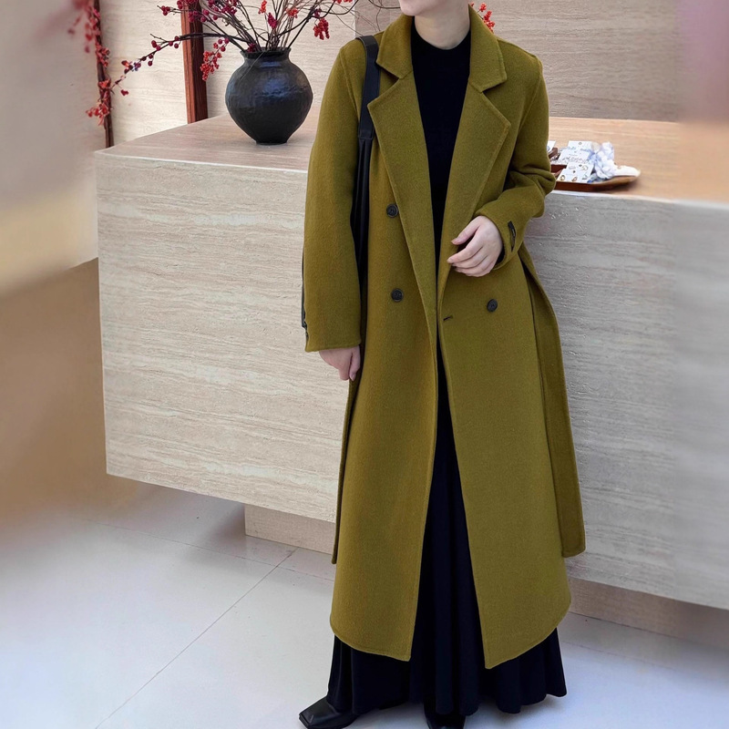 2025 New Winter Long Belt Double-Sided Wool Outwear Thickeneded Double-Breasted H Version Warm Cashmere Woolen Outwear