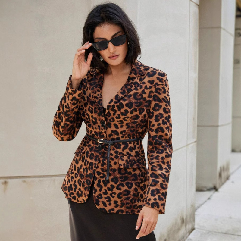 Women's Commuter Fashion Retro Leopard Print Straight-Leg Fitted Suit Jacket