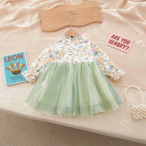 Spring and autumn girls retro dress, baby girls mesh cheongsam princess dress, long sleeves, autumn outing dress, children's dress