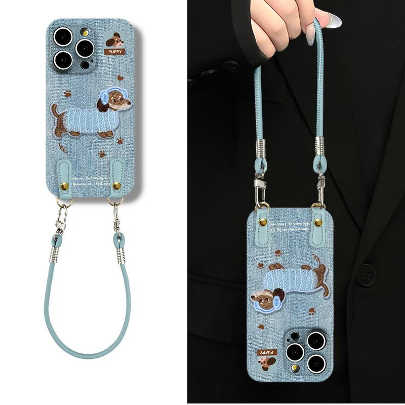适用iPhone17ProMax牛仔底刺绣小狗苹果16/15磨砂14/13/12手机壳|undefined