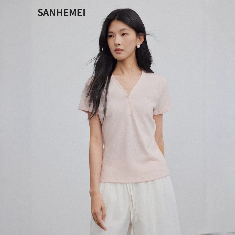 Raindrop Linen T-Shirt for Summer, Women's Linen Short-Sleeve Slim-Fit Henley V-Neck T-Shirt, Simple and Cool Women's Round-Neck Top