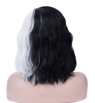 Cross-border supply of black and white yin and yang wigs, medium-length curly wigs, no bangs, wavy splice headers, Kuila wigs